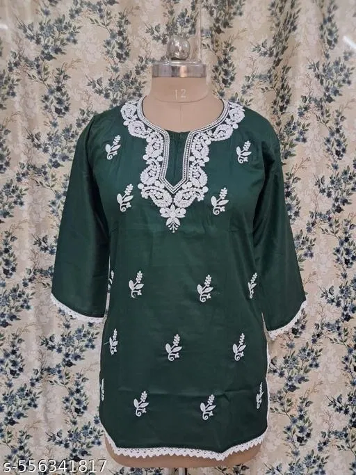 Cotton Chikankari Short Kurti for Women, Green (L)