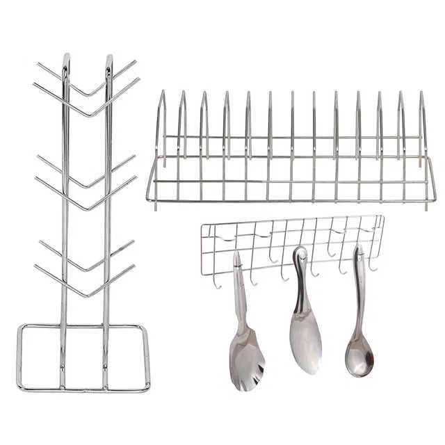 Stainless Steel Cup Stand & Plate Stand & Hook Rail For Kitchen (Set of 3) (OC-010)