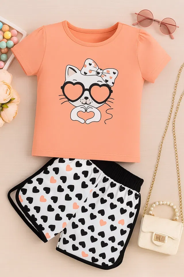Cotton Blend Printed Clothings Set for Girls (Peach, 2-3 Years)