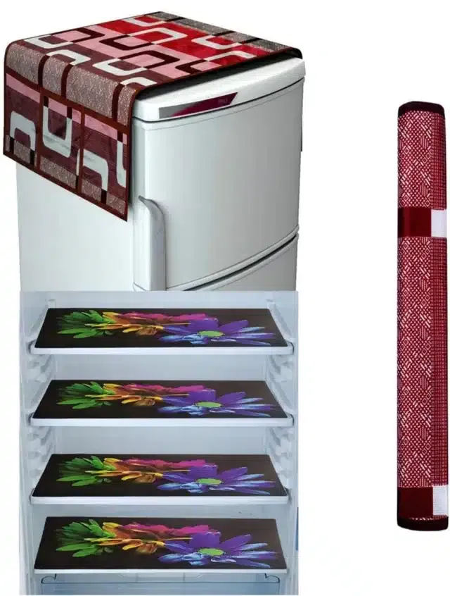 Knit Printed Fridge 4 Pcs Mat with Handle & Top Cover (Multicolor, Set of 1)