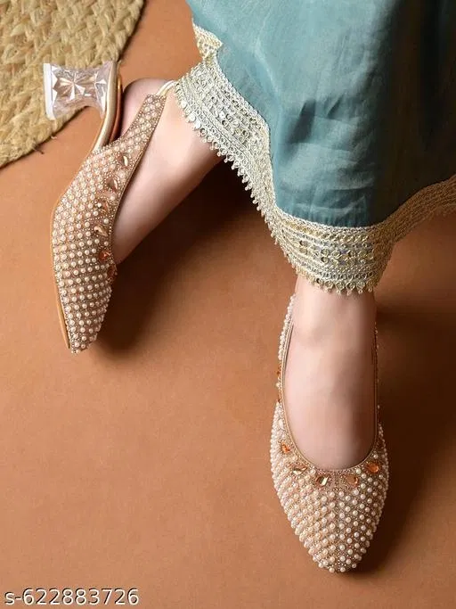 Embellished Pointed Toe Mules for Women (Golden, IND-6)