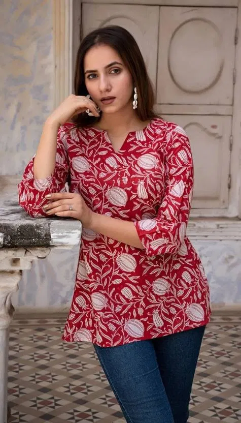 Cotton Floral Print Short Kurti for Women (Red, XL)