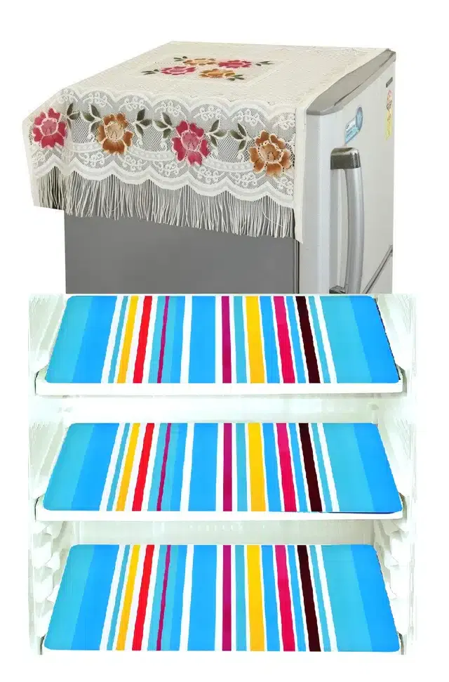 Knit Printed Fridge 6 Pcs Mat with Top Cover (Multicolor, Set of 1)
