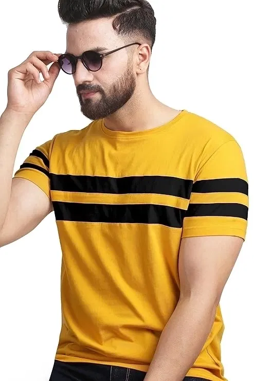 Round Neck Striped T-Shirt for Men (Yellow, XL)