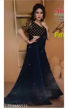 Georgette Solid Saree for Women, Navy Blue 
