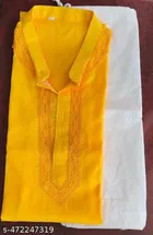 Cotton Blend Solid Kurta Set for Men, Yellow & White 