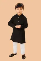 Cotton Blend Solid Kurta with Payjama for Boys, Black & White 