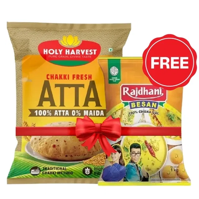 होली हार्वेस्ट चक्की फ्रेश आटा 10 kg + फ्री राजधानी बेसन 1 kg