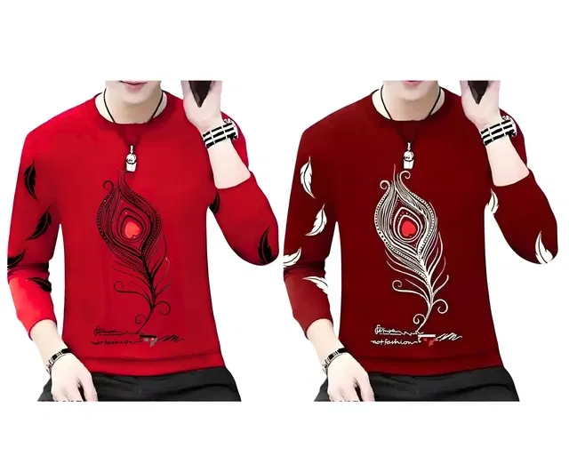 Round Neck Printed T-Shirt for Men (Maroon & Red, S) (Pack of 2)
