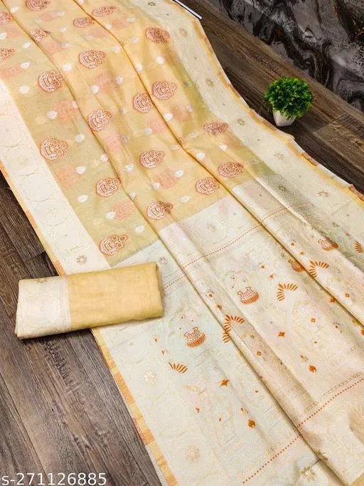 Cotton Zari Woven Saree for Women (Yellow, 6.3 m)