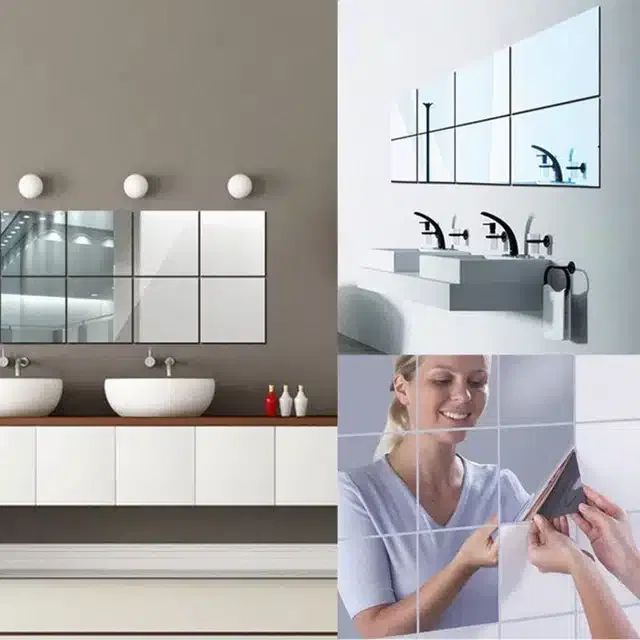 Acrylic Square Shaped Wall Mirror Stickers (Silver, Pack of 8)