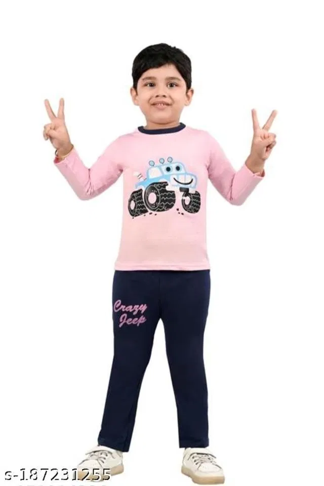 Hosiery Cotton Clothing Set for Kids (Pink & Navy Blue, 0-6 Months)