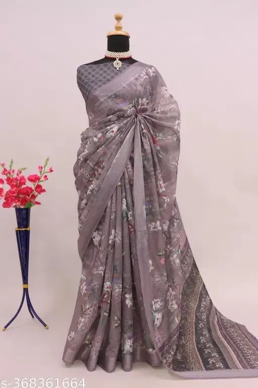 Cotton Linen Printed Saree for Women (Multicolor, 6.3 m)