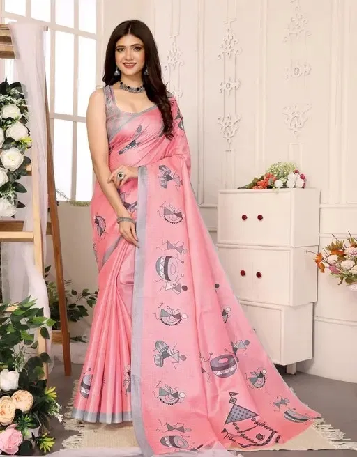 Mysore Silk Printed Saree for Women (Peach, 6.3 m)