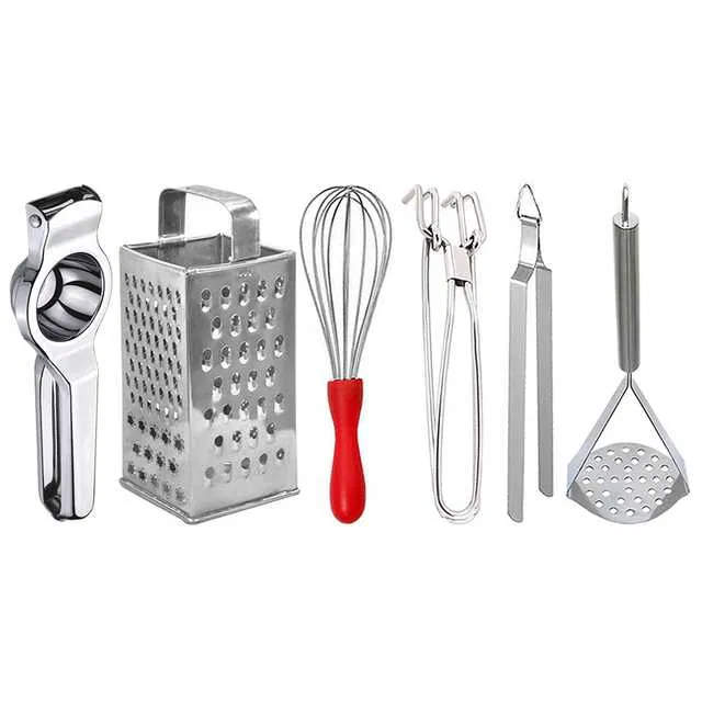 Oc9 Stainless Steel Lemon Squeezer & 4 in 1 Grater Or Slicer & Egg Whisk & Pakkad & Roti Chimta & Potato Masher Kitchen Tool Set (O-164)