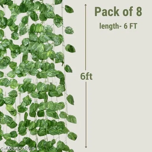 Plastic Artificial Plant Leaf Garland for Home Decor for Women (Green, Pack of 8)