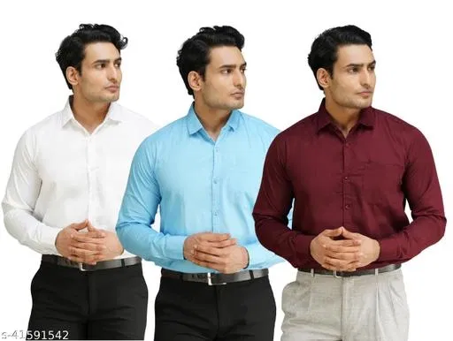 Cotton Blend Solid Shirt for Men, Multicolor, Pack of 3 (XL)