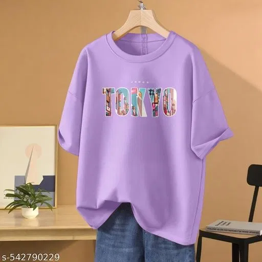 Cotton Blend Printed T-shirt for Women, Lavendar (L)