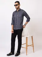 Cotton Blend Checkered Shirt for Men, Navy Blue 