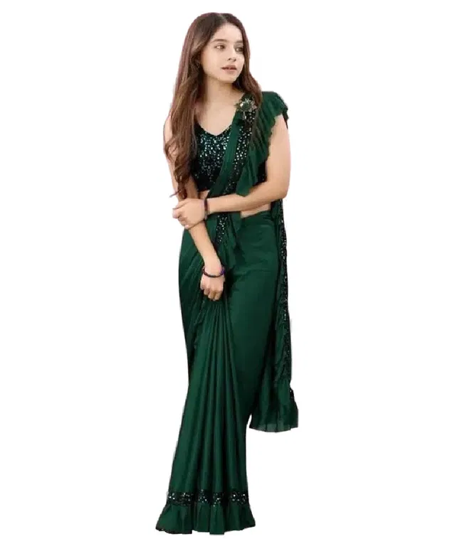 Ready to Wear Saree for Girls (Green, 12-13 Years)