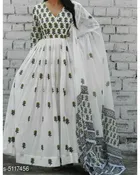 Cotton Cambric Printed Anarkali Kurti with Pant & Dupatta for Women (White, M)