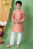 Dupion Silk Embellished Kurta with Payjama for Boys, Peach & White 
