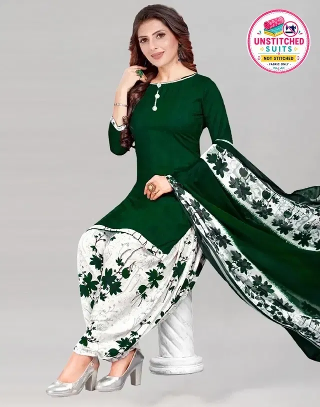Crepe Printed Unstitched Suits Fabric for Women (Green & White)