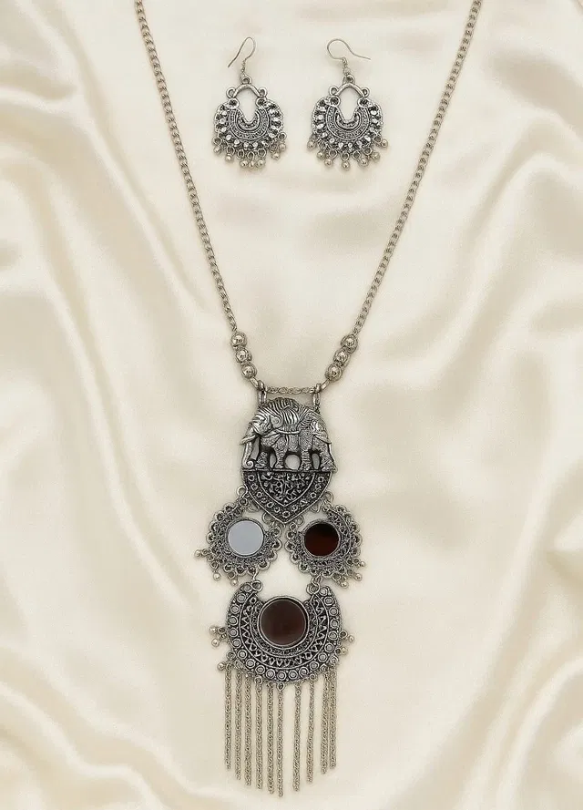 Women's Oxidized Jewellery Set with Jhumkas (Pack of 1)