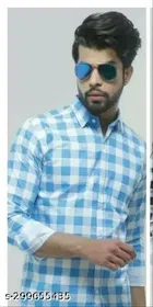 Cotton Blend Checked Shirt for Men, Aqua Blue 