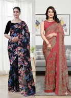 Georgette Printed Saree for Women, Multicolor, Pack of 2 