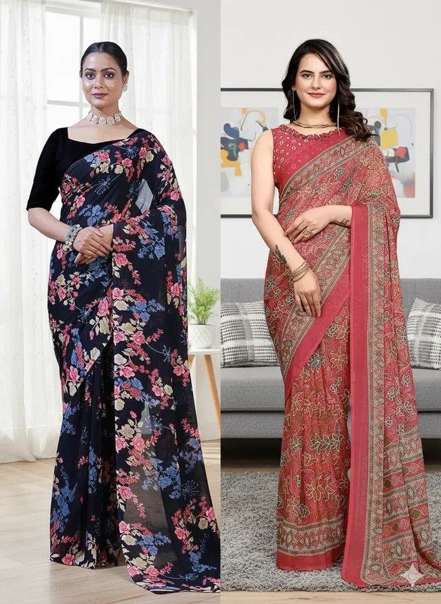 Georgette Printed Saree for Women, Multicolor, Pack of 2 (6.3 m)