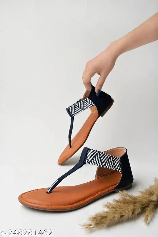 Synthetic Open Toe T- Strap Flats for Women (Blue, IND-5)