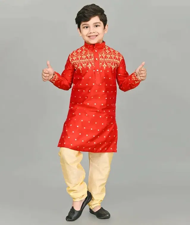 Dupion Silk Embroidery Kurta & Pajama Set for Boys (Red, 6-7 Years)