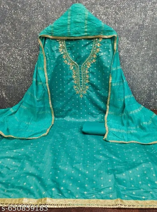 Chanderi Cotton Punjabi/All Over Suits Semi-Stitched Suits (Blue, 7.05 meter for Women (4XL)