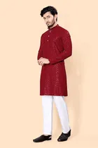 Cotton Blend Embroidered Kurta for Men (Maroon, S)