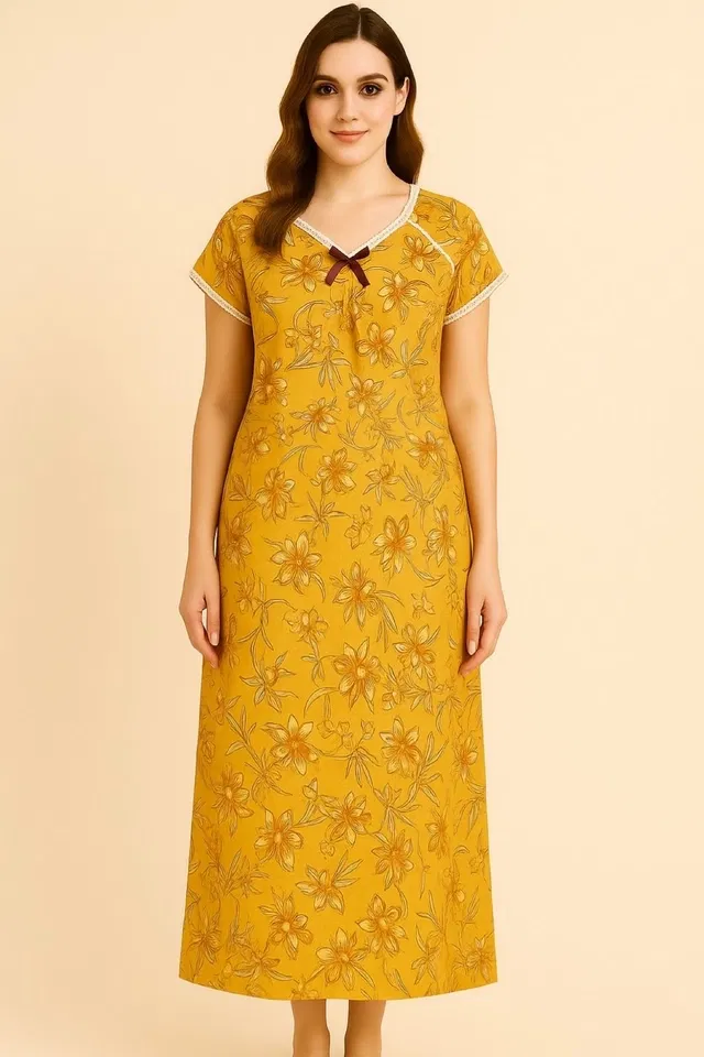 Sarina Floral Print Nightdress for Women (Yellow, M)