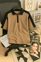 Cotton Blend Colorblocked Polo Neck T-Shirt for Men, Brown 