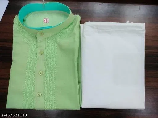 Cotton Solid Kurta Set for Men, White & Green (L)