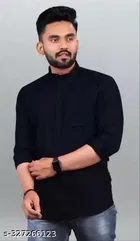 Cotton Blend Solid Short Kurta for Men, Black 