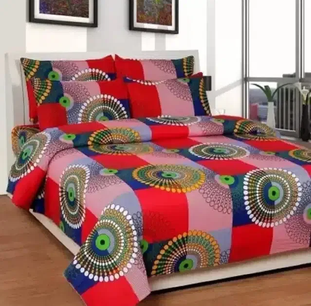 Polycotton 88x88 Inch Bedsheet with 2 Pillow Cover (Multicolor)
