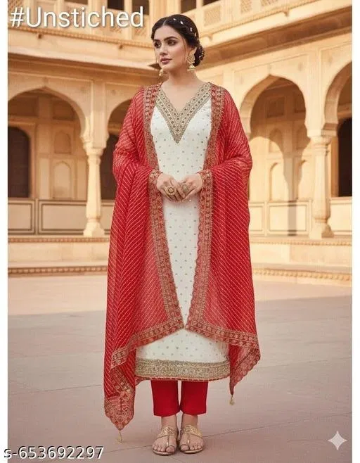 Silk Blend Pakistani Suits for Women (White, 6.25 meter (L)