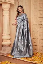 Litchi Silk Zari Woven Saree for Women, Grey 