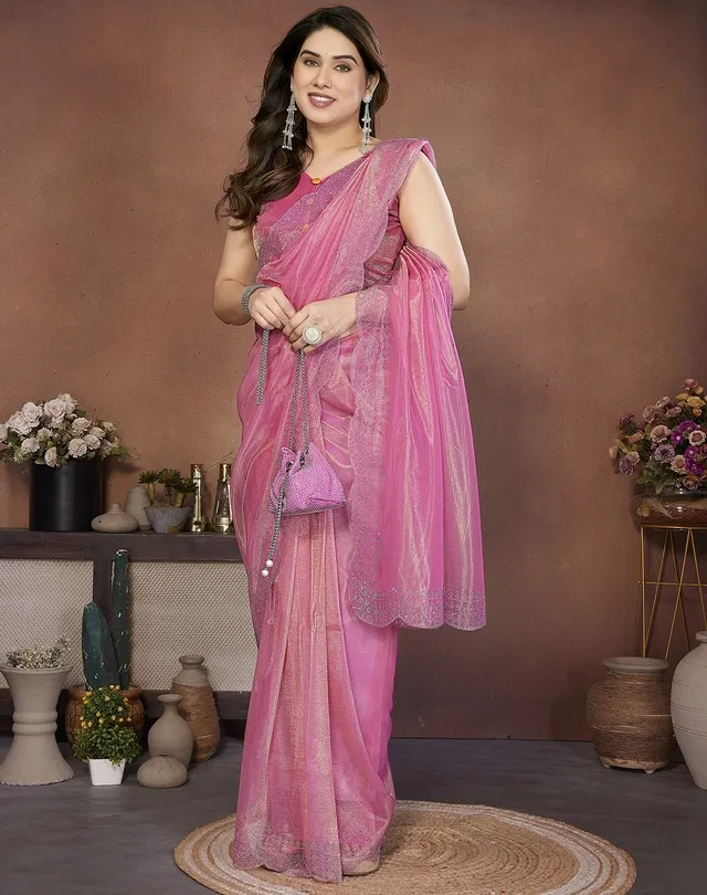 Bollywood Embroidered Organza Saree for Women (Pink)