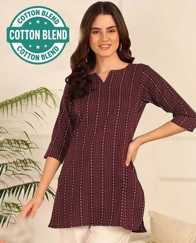 Cotton Striped Short Kurti for Women (Brown, XXL)