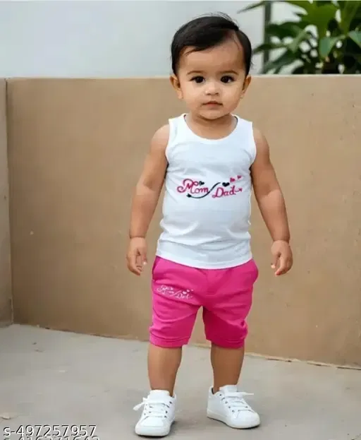 Cotton Printed Clothing Set for Boys (White & Pink, 18-24 Months)