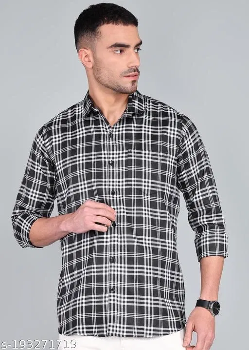 Cotton Blend Checked Shirts for Men, Black (L)