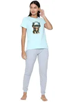 Cotton Blend Printed T-shirt for Women, Aqua Blue 