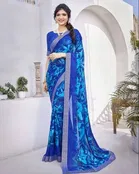 Georgette Printed Saree for Women, Blue 
