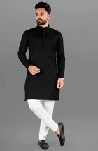 Cotton Blend Solid Kurta with Pyjama Set for Men, Black & White (XL)
