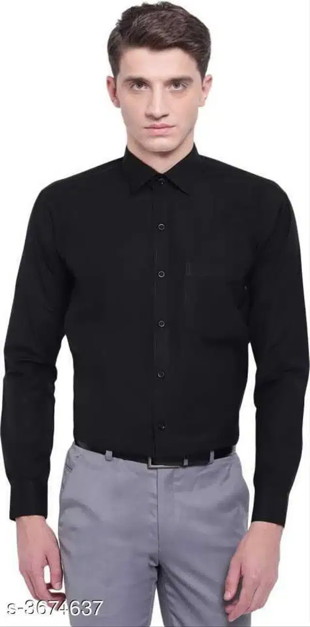 Cotton Blend Solid Full Sleeves Shirt for Men (Black, M)